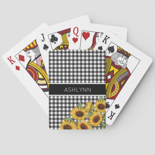 Schwarz-weiß Gingham Kariert Sunblumen Spielkarten (Rückseite)