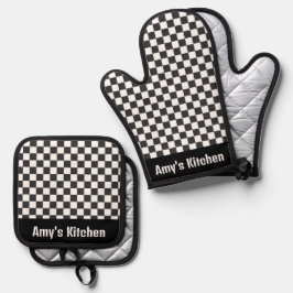 Schwarz-weiß Gingham Karos Design Ofenhandschuh & Topflappen-Set
