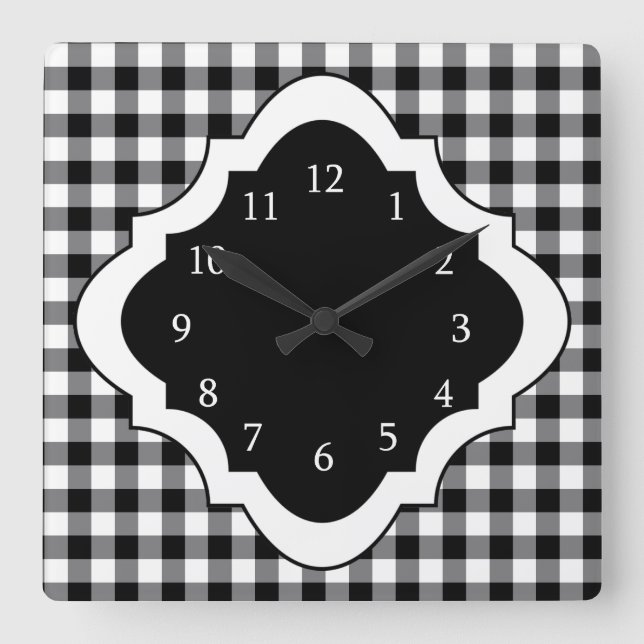 Schwarz-Weiß-Gingham-Land Quadratische Wanduhr (Vorderseite)