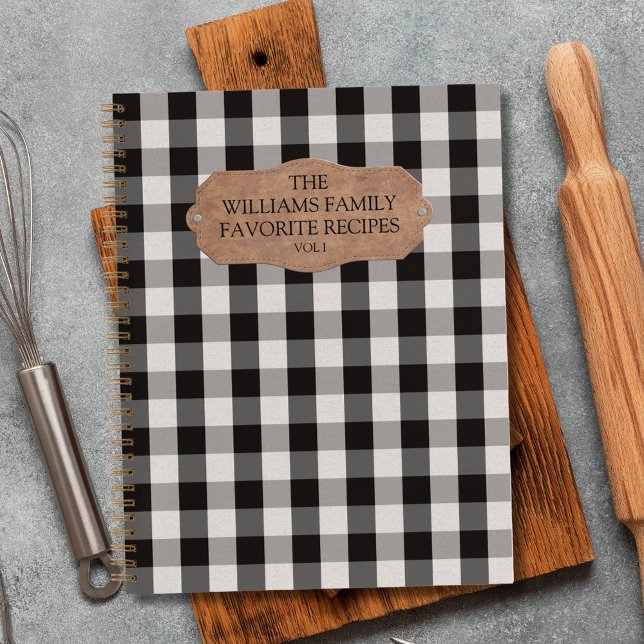 Schwarz-weiß Gingham Linen Farmhouse Familienräte Notizbuch (In situ)