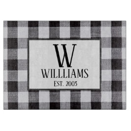 Schwarz-Weiß-Gingham Monogram-Familie Jahr Schneidebrett