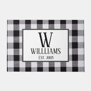Schwarz-Weiß-Gingham Monogram-Familienname Jahr Fußmatte