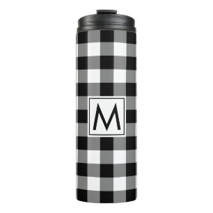 Schwarz-Weiß-Gingham-Muster mit Monogramm Thermosbecher