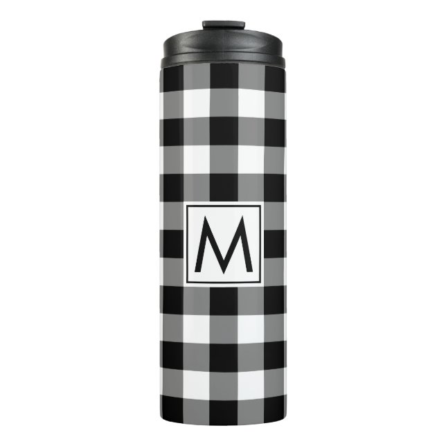 Schwarz-Weiß-Gingham-Muster mit Monogramm Thermosbecher (Vorderseite)