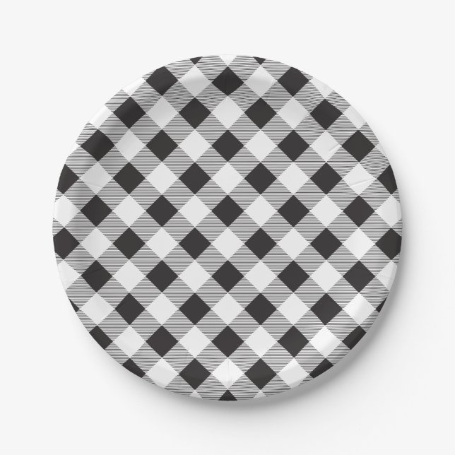 Schwarz-Weiß-Gingham-Muster, Picknick, BBQ Pappteller (Vorderseite)