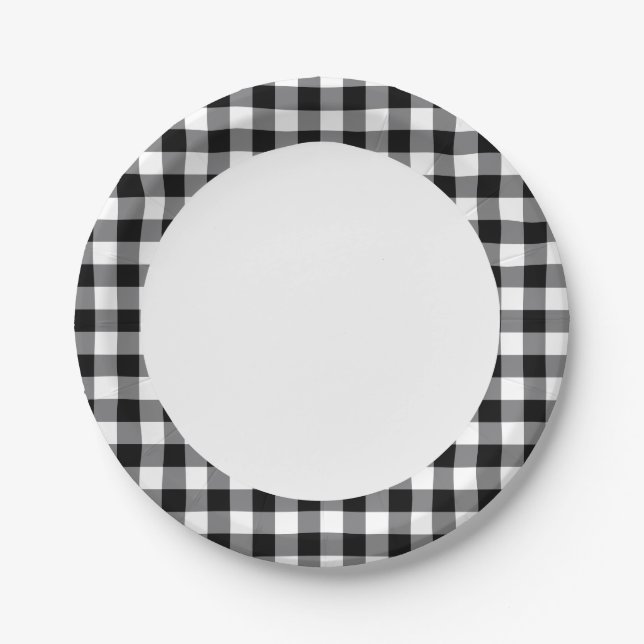 Schwarz-Weiß-Gingham Pappteller (Vorderseite)