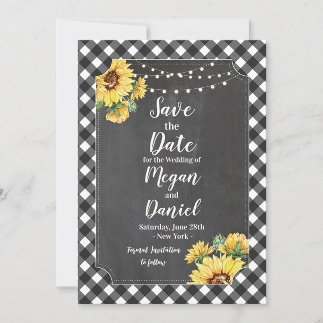 Schwarz-weiß Gingham Sunflower Chalk Save the Date (Vorderseite)