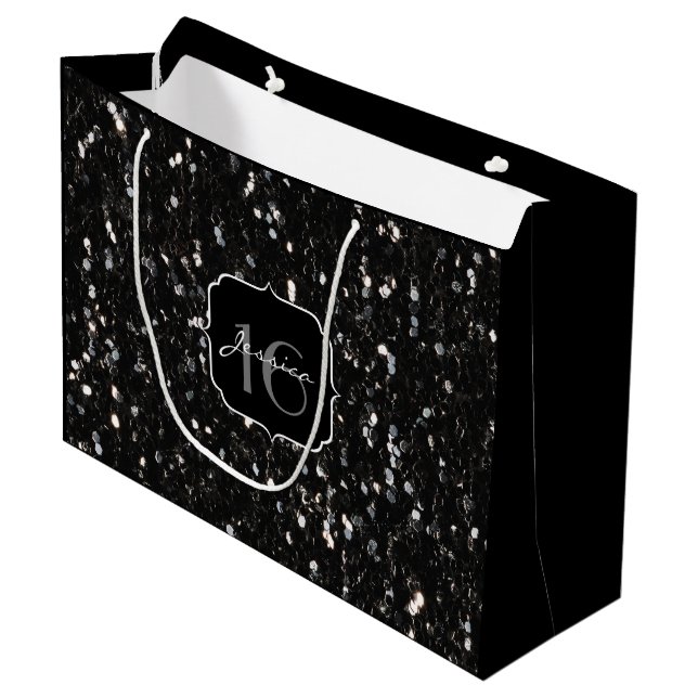 Schwarz-Weiß glänzende Glitzer Glitzern Sweet 16 Große Geschenktüte (Vorderseite Schrägansicht)