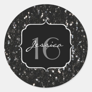 Schwarz-Weiß glänzende Glitzer Glitzern Sweet 16 Runder Aufkleber