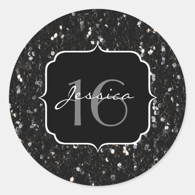 Schwarz-Weiß glänzende Glitzer Glitzern Sweet 16 Runder Aufkleber (Vorderseite)