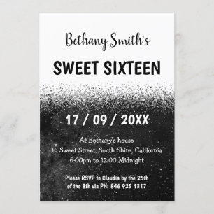 Schwarz-Weiß-Glitzer Ombre Sweet 16 Einladung