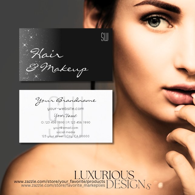 Schwarz-Weiß-Glitzer-Stars mit Initialen Moderne Visitenkarte (Von Creator hochgeladen)