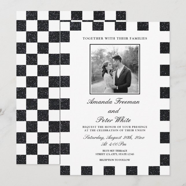 Schwarz/Weiß-Glitzer-Tafel Hochzeit Einladung (Vorne/Hinten)