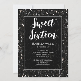 Schwarz-Weiß-Glitzern Sweet 16 elegante Schrift Einladung