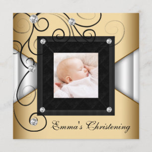 Schwarz-weiß Gold Baby Girl Foto Christening Einladung