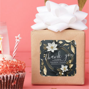 Schwarz-weiß & Gold Blumenzeremonie Vielen Dank Quadratischer Aufkleber
