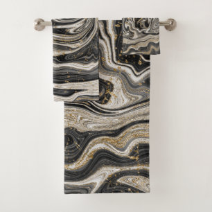 Schwarz Weiß & Gold Chic Swirl Modern Abstract Badhandtuch Set