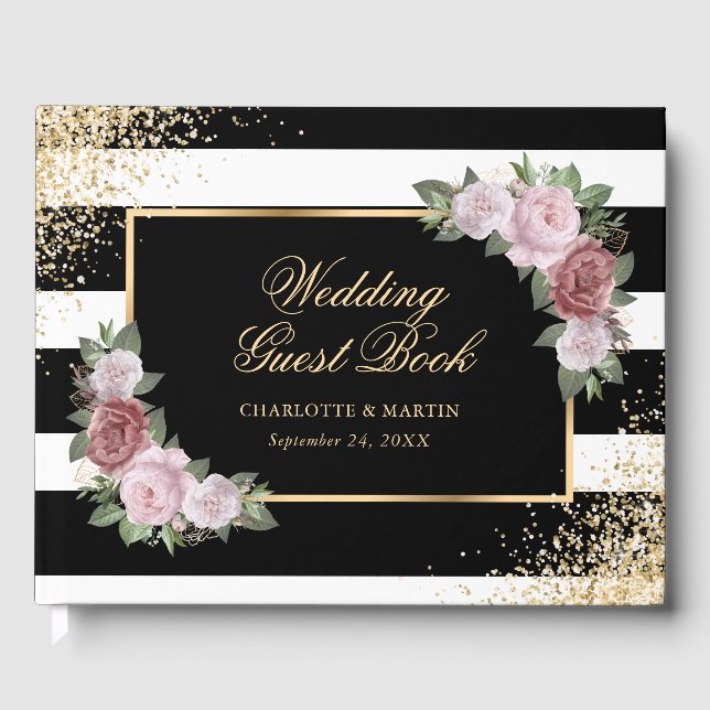Schwarz-weiß Gold Confetti Blush Bloral Wedding Gästebuch (Vorderseite)