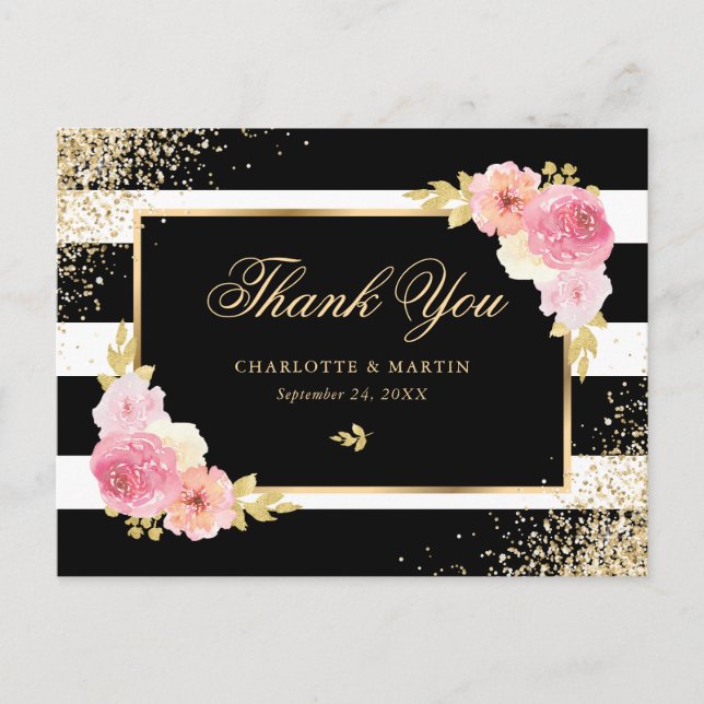 Schwarz-weiß Gold Confetti Blush Floral Vielen Dan Postkarte (Vorderseite)