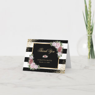 Schwarz-weiß Gold Confetti Blush Pink Floral Dankeskarte