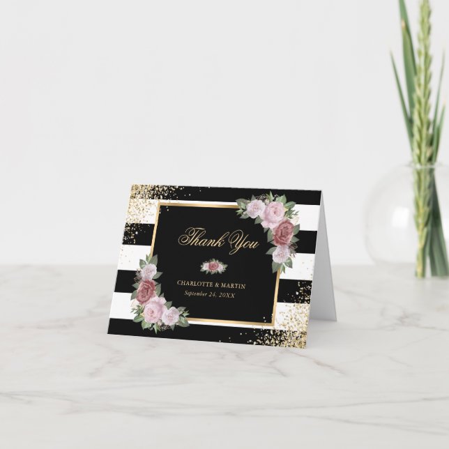 Schwarz-weiß Gold Confetti Blush Pink Floral Dankeskarte (Vorderseite)