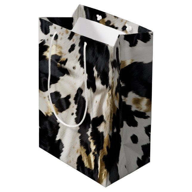 Schwarz-weiß Gold Cowgirl Cowhide Mittlere Geschenktüte (Rückseite Schrägansicht)