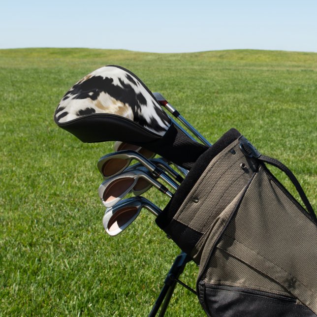 Schwarz-weiß Gold Cowhide Golf Headcover (In SItu)