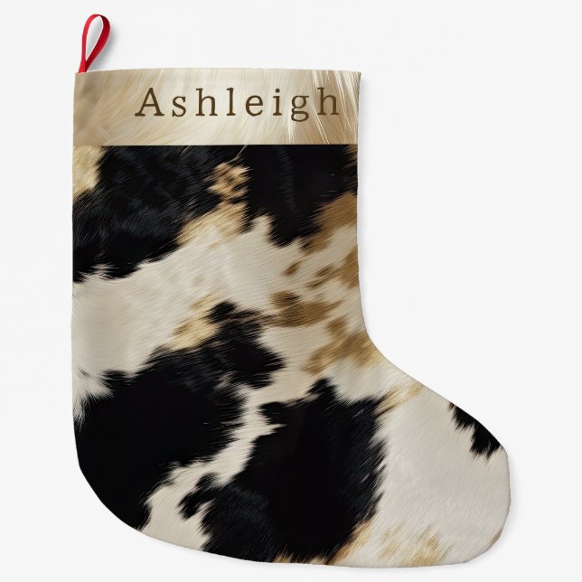 Schwarz-weiß Gold Cowhide Großer Weihnachtsstrumpf (Vorderseite)