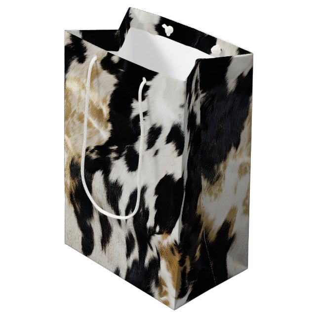 Schwarz-weiß Gold Cowhide Mittlere Geschenktüte (Vorderseite Schrägansicht)