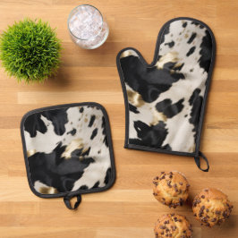Schwarz-weiß Gold Cowhide Ofenhandschuh & Topflappen-Set