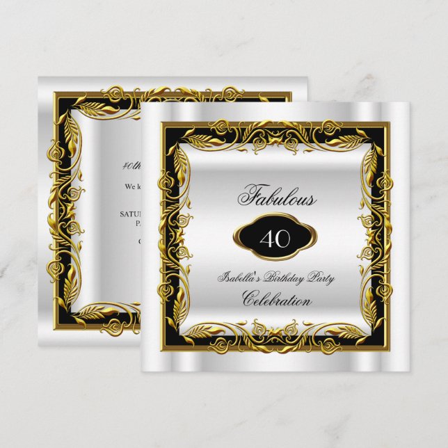 Schwarz-weiß Gold Fantastische 40. Elegant Geburts Einladung (Vorne/Hinten)