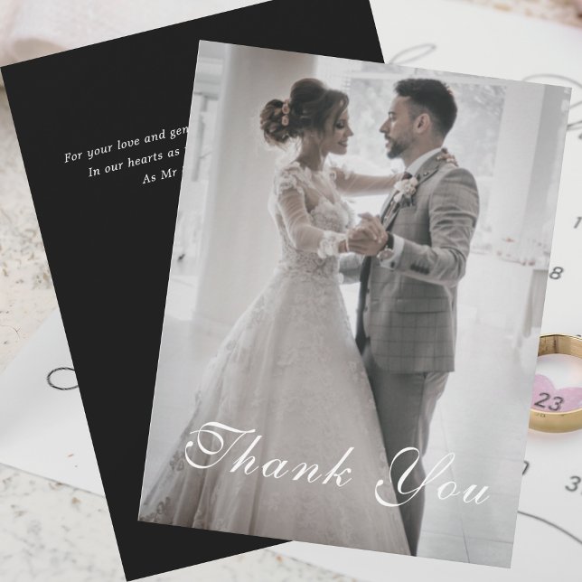 Schwarz-weiß Gold Floral Foto Hochzeit Vielen Dank Einladung (Von Creator hochgeladen)