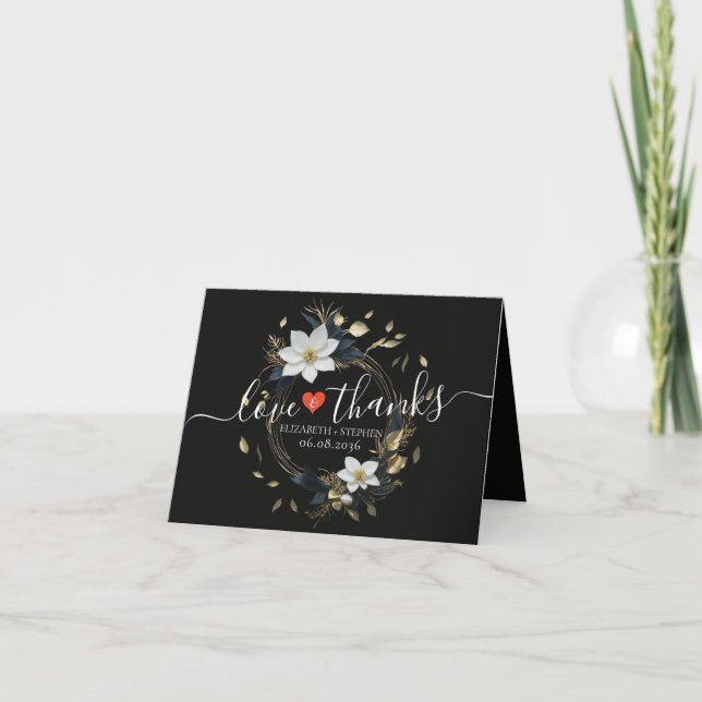 Schwarz-weiß Gold Floral Wreath Wedding Vielen Dan Dankeskarte (Vorderseite)