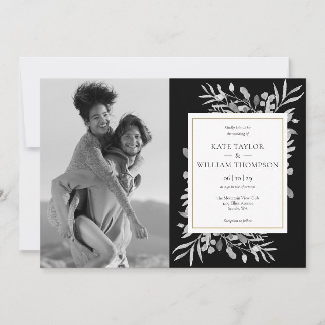 Schwarz-Weiß-Gold-Foliage-Fotos Hochzeit Invita Einladung (Vorderseite)