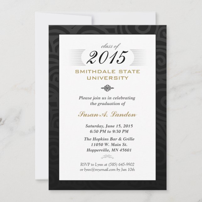 Schwarz-weiß & Gold (für sie) Elegant Grad Invite Einladung (Vorderseite)