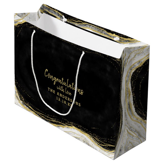 Schwarz-weiß & Gold Geode Herzlichen Glückwunsch H Große Geschenktüte (Vorderseite Schrägansicht)