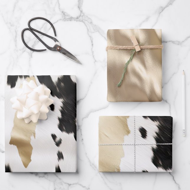 Schwarz-weiß Gold Glam Cowhide Südwest Hochzeit Geschenkpapier Set (Vorderseite)