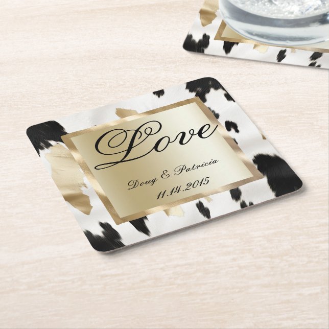 Schwarz-weiß Gold Glam Cowhide Südwest Hochzeit Rechteckiger Pappuntersetzer (angewinkelt)