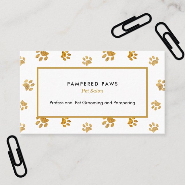 Schwarz-weiß Gold Glitzer Paw Prints Pet Salon Visitenkarte (Von Creator hochgeladen)