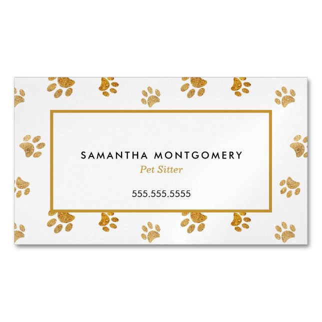 Schwarz-weiß Gold Glitzer Paw Prints Pet Sitter Magnetische Visitenkarte (Vorderseite)