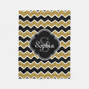 Schwarz-weiß Gold Glitzer Zickzack Muster Fleecedecke