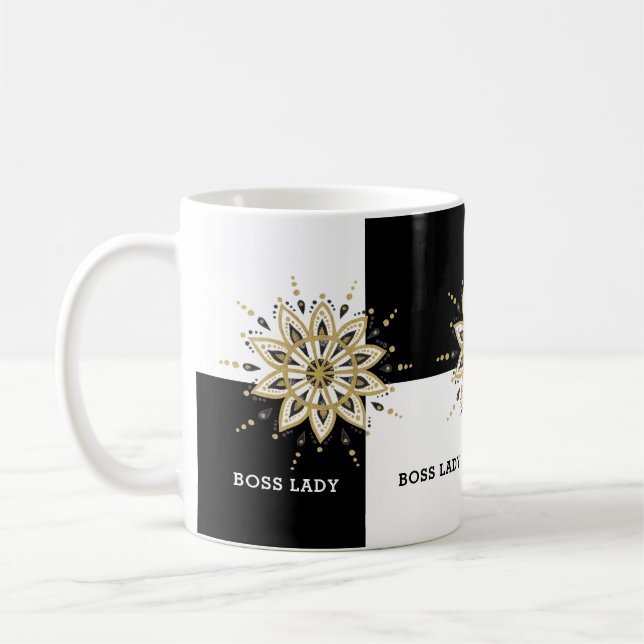 Schwarz-weiß & Gold Mandala Boss Lady Design Kaffeetasse (Links)