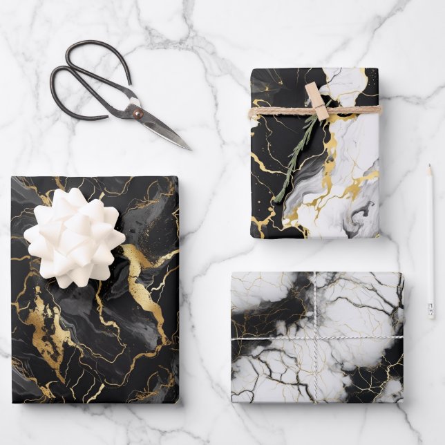 Schwarz-weiß Gold Marbel Mustergeschenk Geschenkpapier Set (Vorderseite)