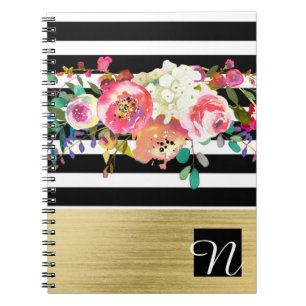 Schwarz Weiß Gold Modern Floral Glam Elegant Chic Notizblock