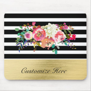 Schwarz Weiß Gold Moderne Blumen Glamour Elegant C Mousepad