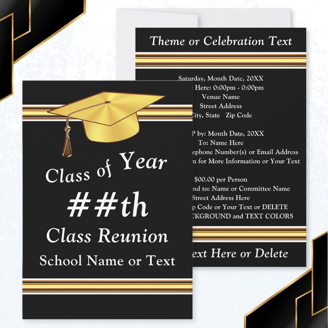 Schwarz, Weiß, Gold, Personalisierte Wiedersehen Einladung (Personalized Black Gold, Class Reunion Invitations. 50th, 40th, 30th class reunion invitations.)