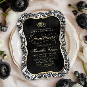 Schwarz-weiß Gold Quinceañera Einladung