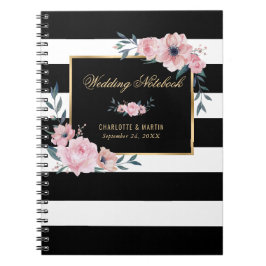 Schwarz-Weiß-Gold-Rosa-Blütenhochzeit Notizblock