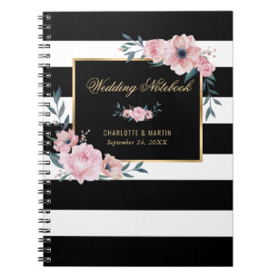 Schwarz-Weiß-Gold-Rosa-Blütenhochzeit Notizblock