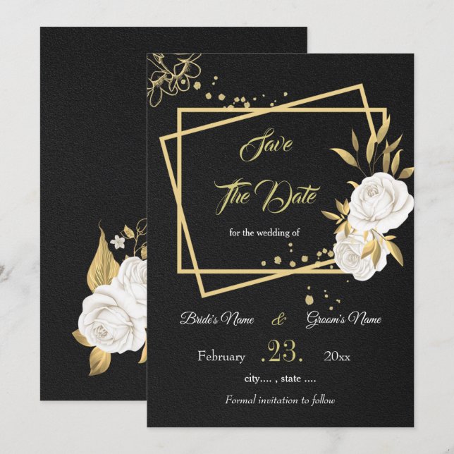 Schwarz-Weiß-Gold Save the Date (Vorne/Hinten)